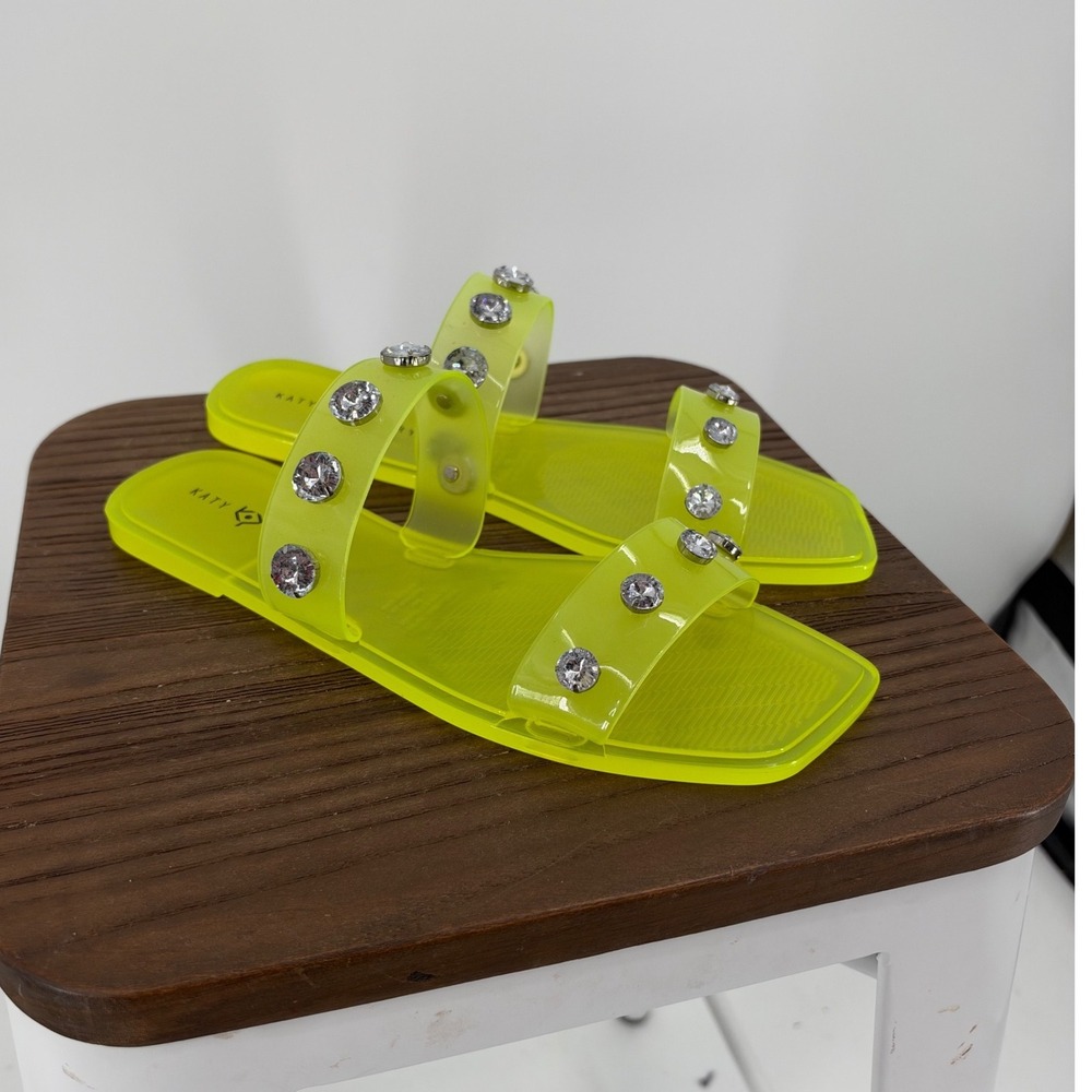 Katy Perry Geli Embellished Square Toe Jelly Slide Sandals Neon Yellow 10 NIB